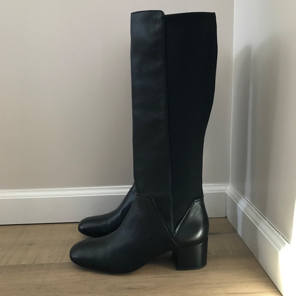 Donald Pliner Cayden Boots Leather Womens Size 9 Black Stretch Knee High Pull On - Picture 2 of 13